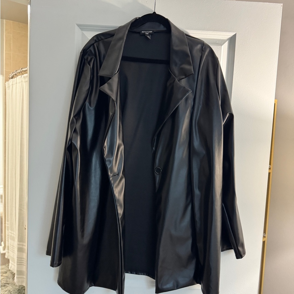 PrettyLittleThing Black Leather Jacket Relaxed Open-Front Design
